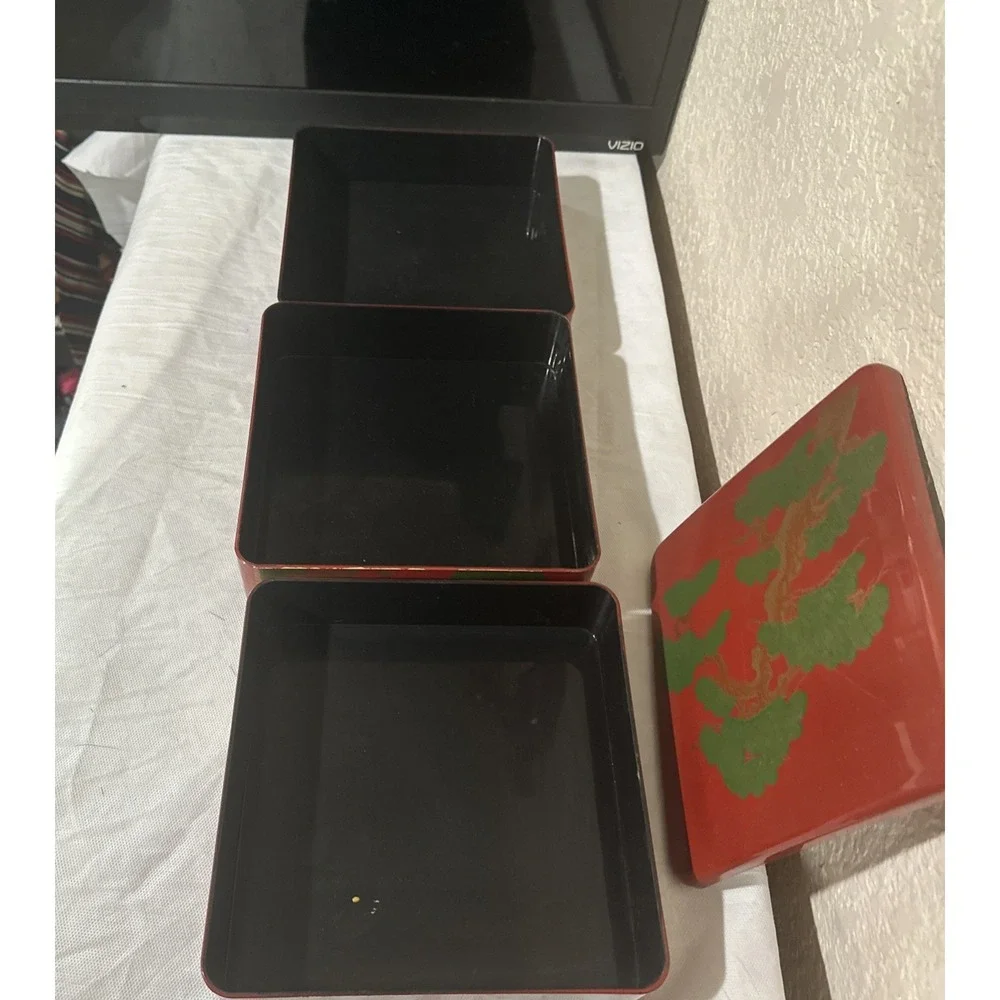 Vintage Japanese Lacquer Jubako Bento‎ Box 3 Tier Red Floral Stacking Box 7